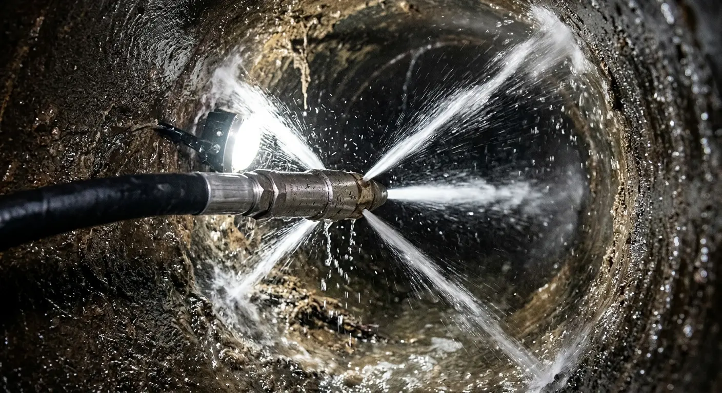 High-pressure hydro jetting nozzle cleaning sewer pipe for Trenchless Sewer Repair in Worthington