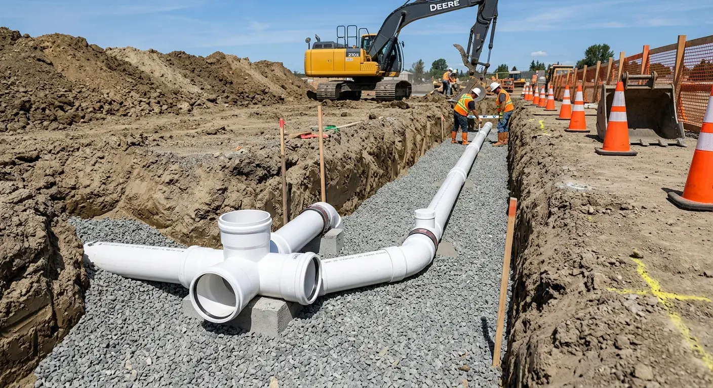 New PVC sewer pipe installation in open trench for Sewer Backup in Worthington