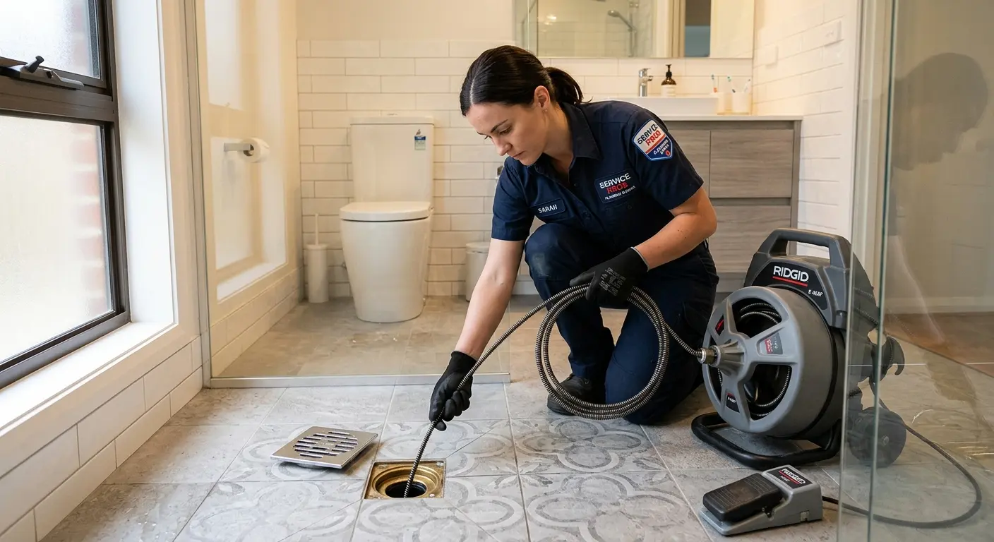 Technician clearing a bathroom floor drain for Drain Cleaning in Worthington
